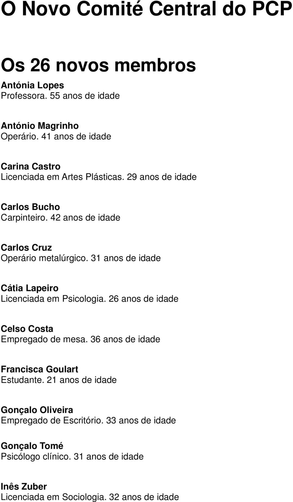 42 anos de idade Carlos Cruz Operário metalúrgico. 31 anos de idade Cátia Lapeiro Licenciada em Psicologia.
