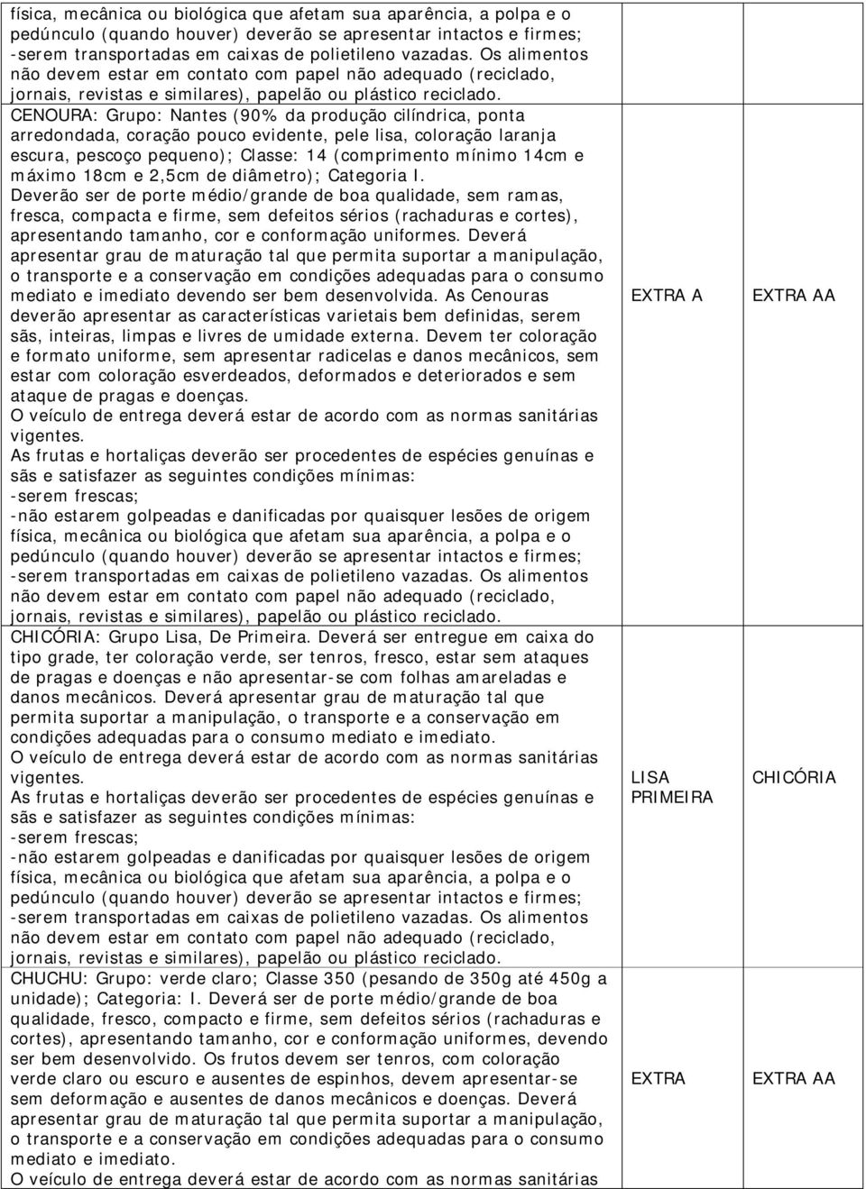 Deverão ser de porte médio/grande de boa qualidade, sem ramas, fresca, compacta e firme, sem defeitos sérios (rachaduras e cortes), apresentando tamanho, cor e conformação uniformes.