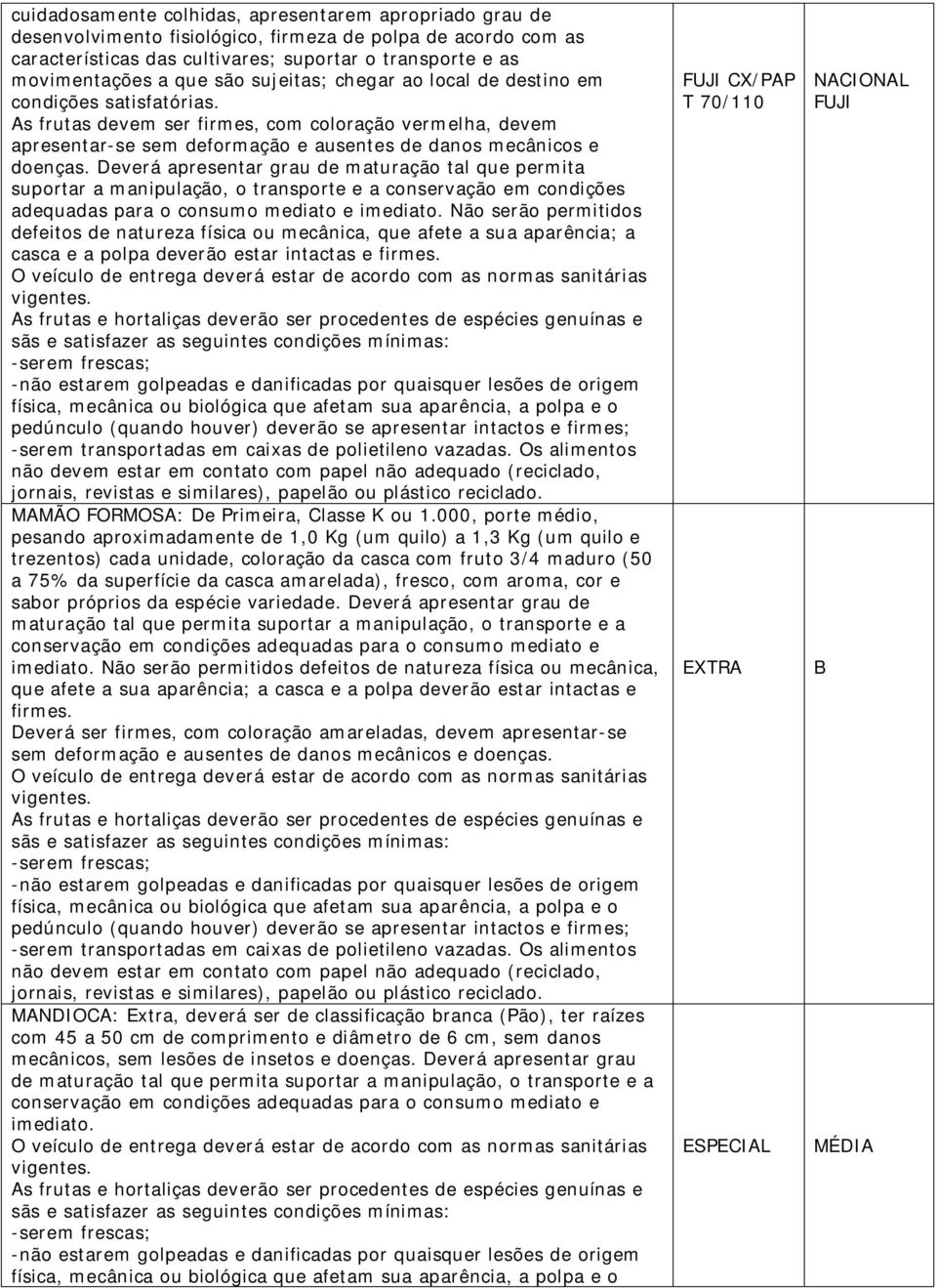 Deverá apresentar grau de maturação tal que permita suportar a manipulação, o transporte e a conservação em condições adequadas para o consumo mediato e imediato.