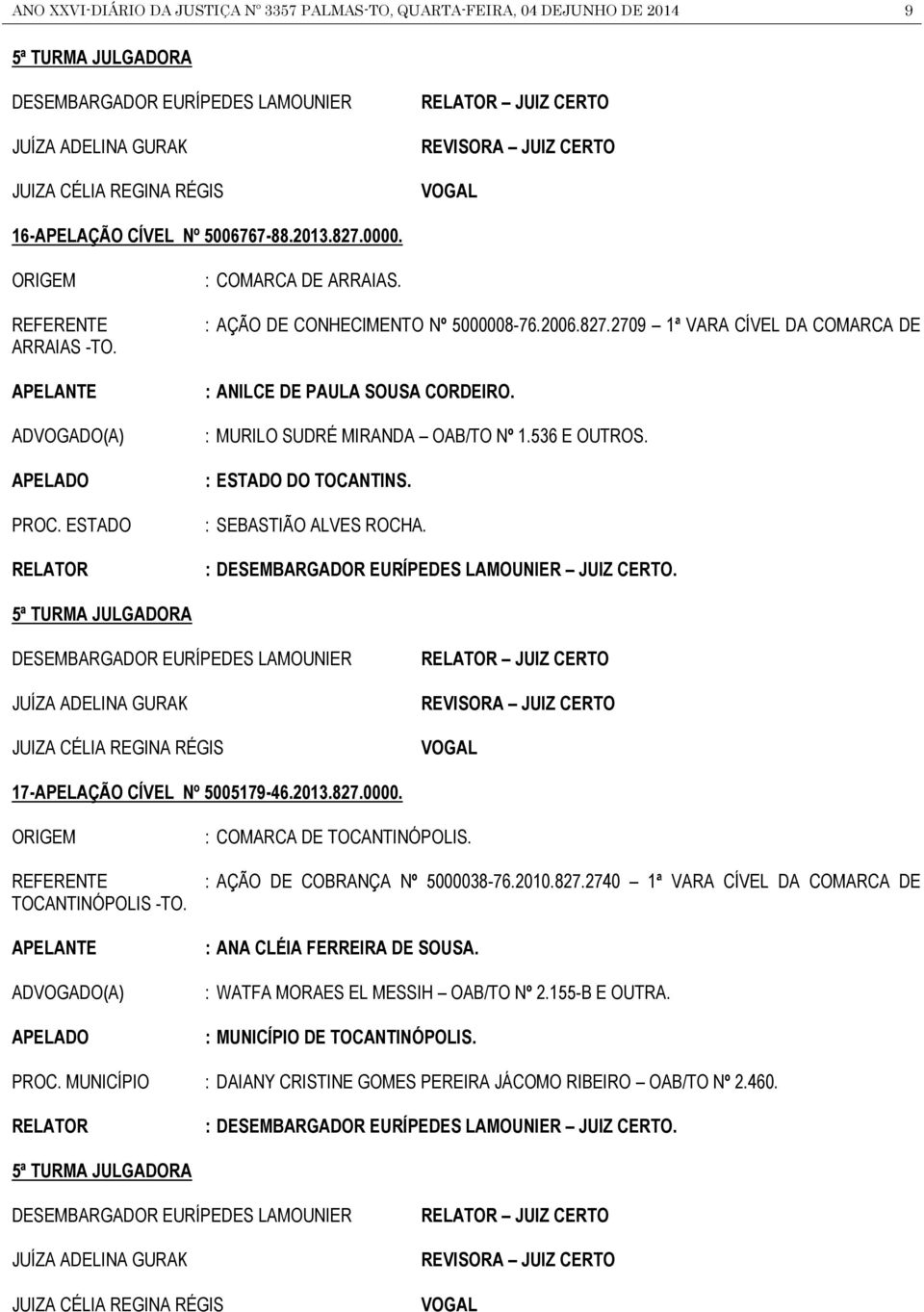 : MURILO SUDRÉ MIRANDA OAB/TO Nº 1.536 E OUTROS. : ESTADO DO TOCANTINS. : SEBASTIÃO ALVES ROCHA. : DESEMBARGADOR EURÍPEDES LAMOUNIER JUIZ CERTO.