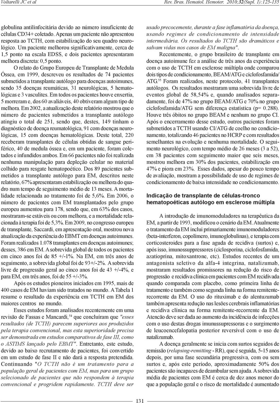 Um paciente melhorou significativamente, cerca de 1,5 ponto na escala EDSS, e dois pacientes apresentaram melhora discreta: 0,5 ponto.