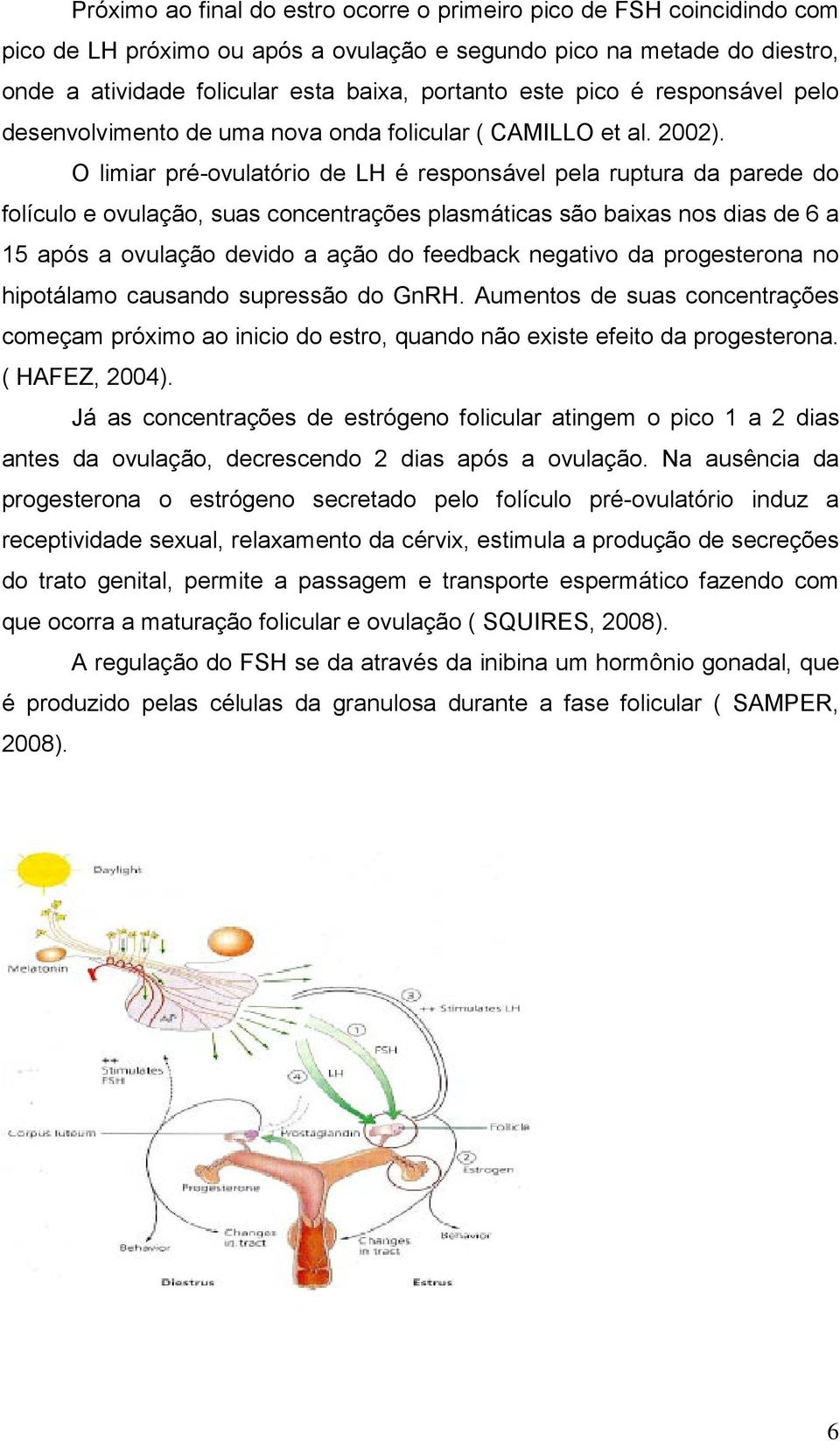 O limiar pré-ovulatório de LH é responsável pela ruptura da parede do folículo e ovulação, suas concentrações plasmáticas são baixas nos dias de 6 a 15 após a ovulação devido a ação do feedback