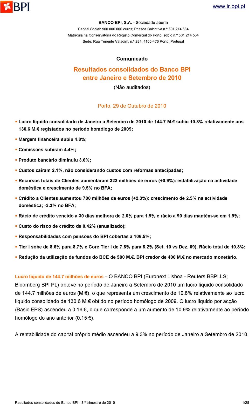 º 284, 40-476 Porto, Portugal Comunicado Resultados consolidados do Banco BPI entre Janeiro e Setembro de 20 (Não auditados) Porto, 29 de Outubro de 20 Lucro líquido consolidado de Janeiro a Setembro