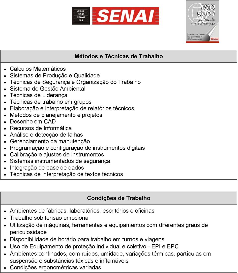 Programação e configuração de instrumentos digitais Calibração e ajustes de instrumentos Sistemas instrumentados de segurança Integração de base de dados Técnicas de interpretação de textos técnicos