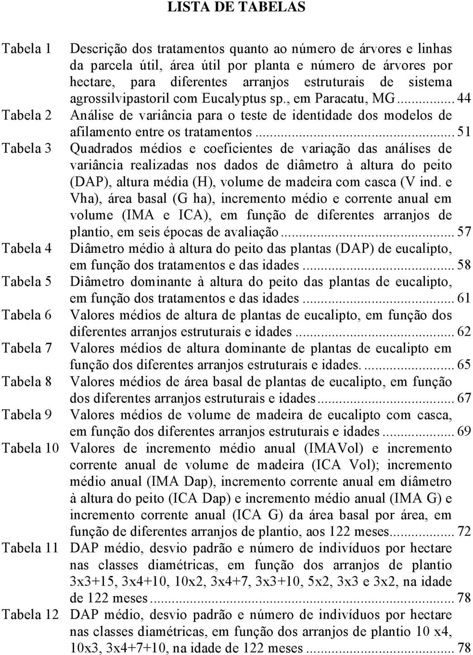 .. 51 Tabela 3 Quadrados médios e coeficientes de variação das análises de variância realizadas nos dados de diâmetro à altura do peito (DAP), altura média (H), volume de madeira com casca (V ind.