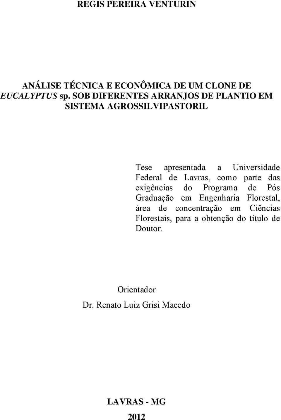 Federal de Lavras, como parte das exigências do Programa de Pós Graduação em Engenharia Florestal, área