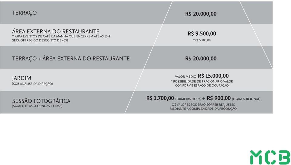 500,00 *R$ 5.700,00 TERRAÇO + ÁREA EXTERNA DO RESTAURANTE R$ 20.000,00 JARDIM (SOB ANÁLISE DA DIREÇÃO) VALOR MÉDIO R$ 15.