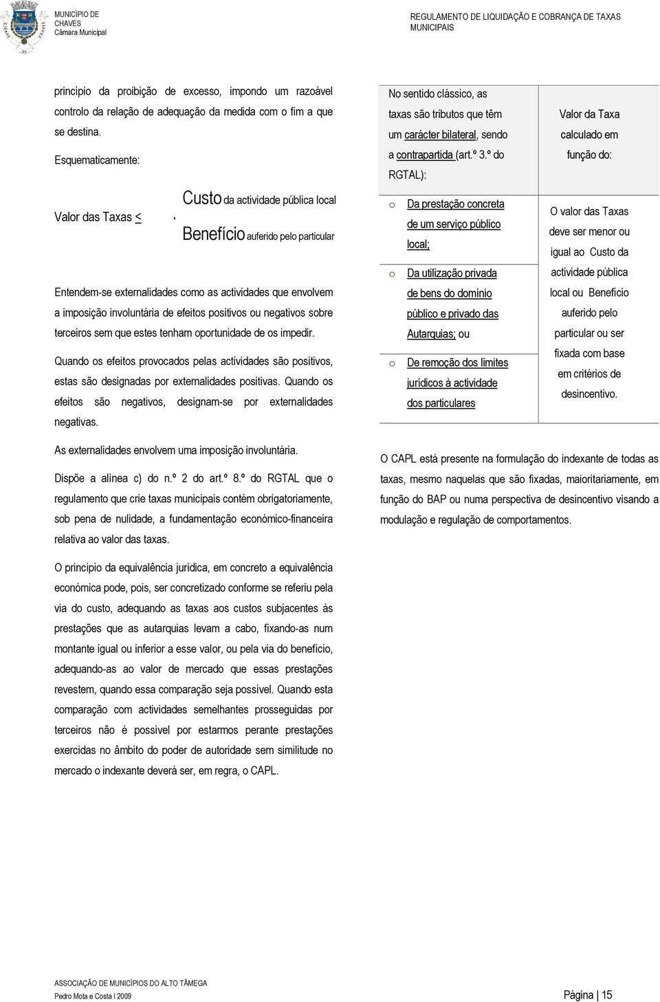 Esquematicamente: Valor das Taxas < { Custo da actividade pública local Benefício auferido pelo particular Entendem-se externalidades como as actividades que envolvem a imposição involuntária de