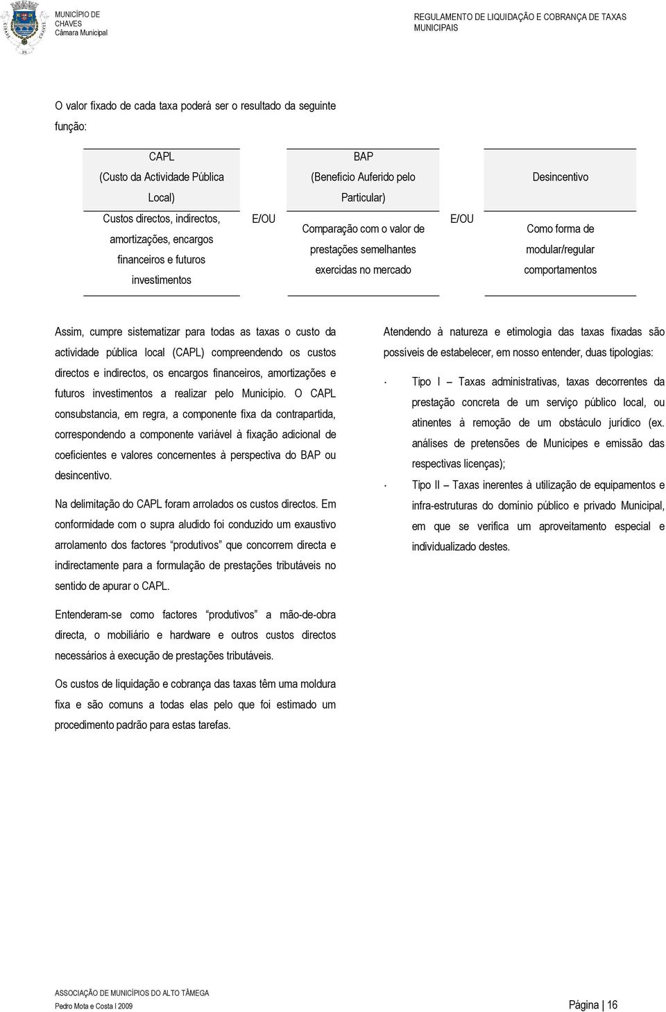 semelhantes exercidas no mercado E/OU Como forma de modular/regular comportamentos Assim, cumpre sistematizar para todas as taxas o custo da actividade pública local (CAPL) compreendendo os custos