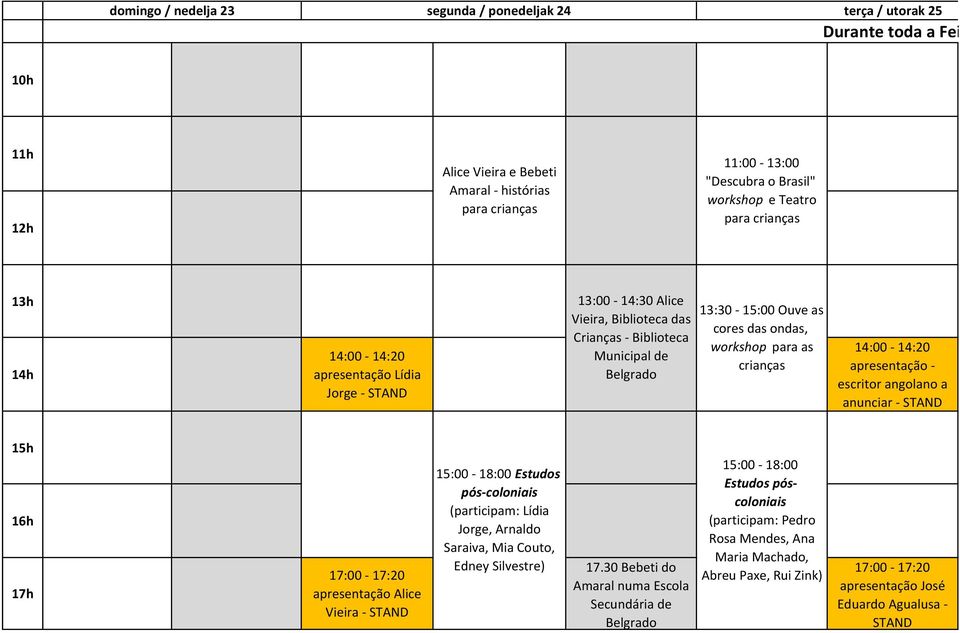 15h 16h 17h 17:00-17:20 apresentação Alice Vieira - 15:00-18:00 Estudos pós-coloniais (participam: Lídia Jorge, Arnaldo Saraiva, Mia Couto, Edney Silvestre) 17.