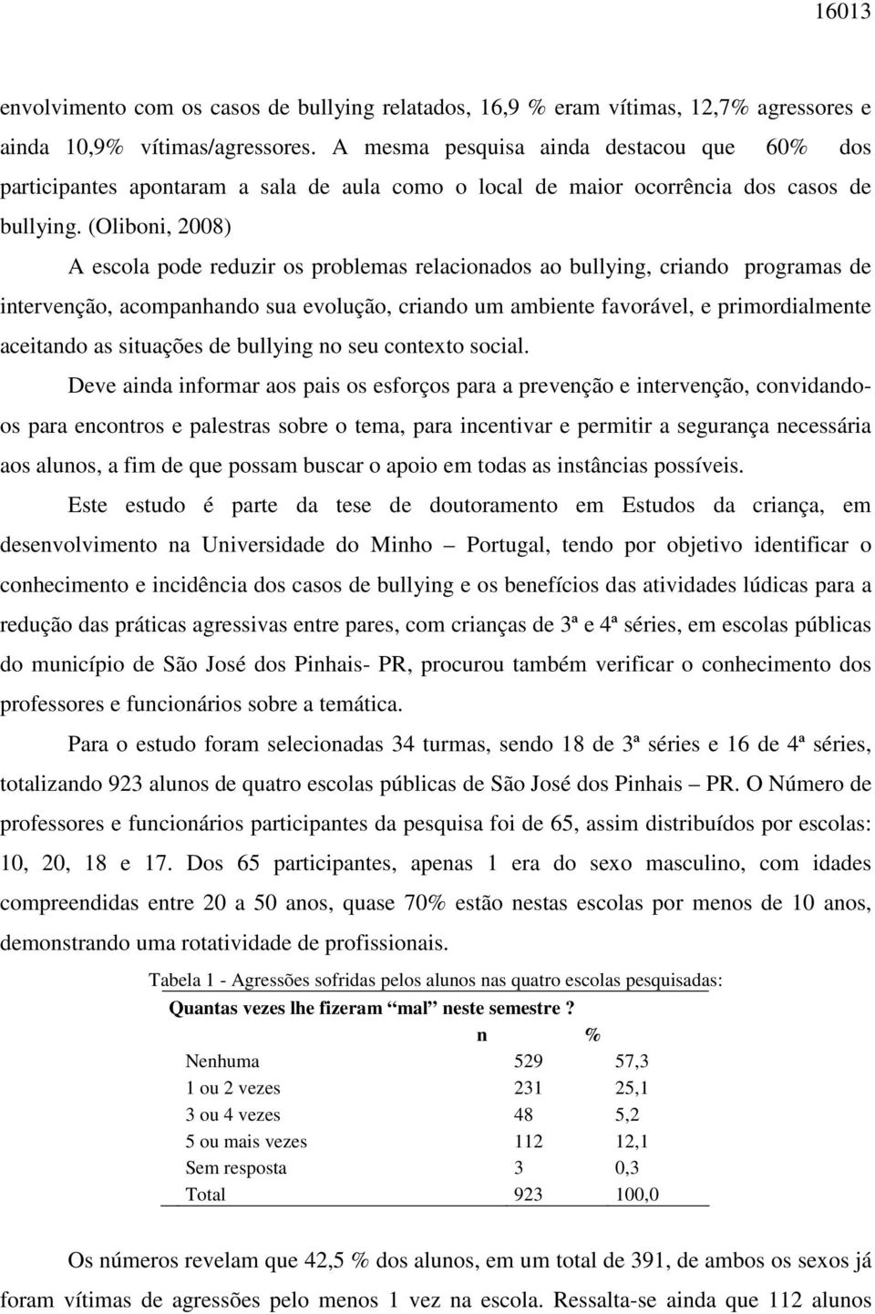 (Oliboni, 2008) A escola pode reduzir os problemas relacionados ao bullying, criando programas de intervenção, acompanhando sua evolução, criando um ambiente favorável, e primordialmente aceitando as