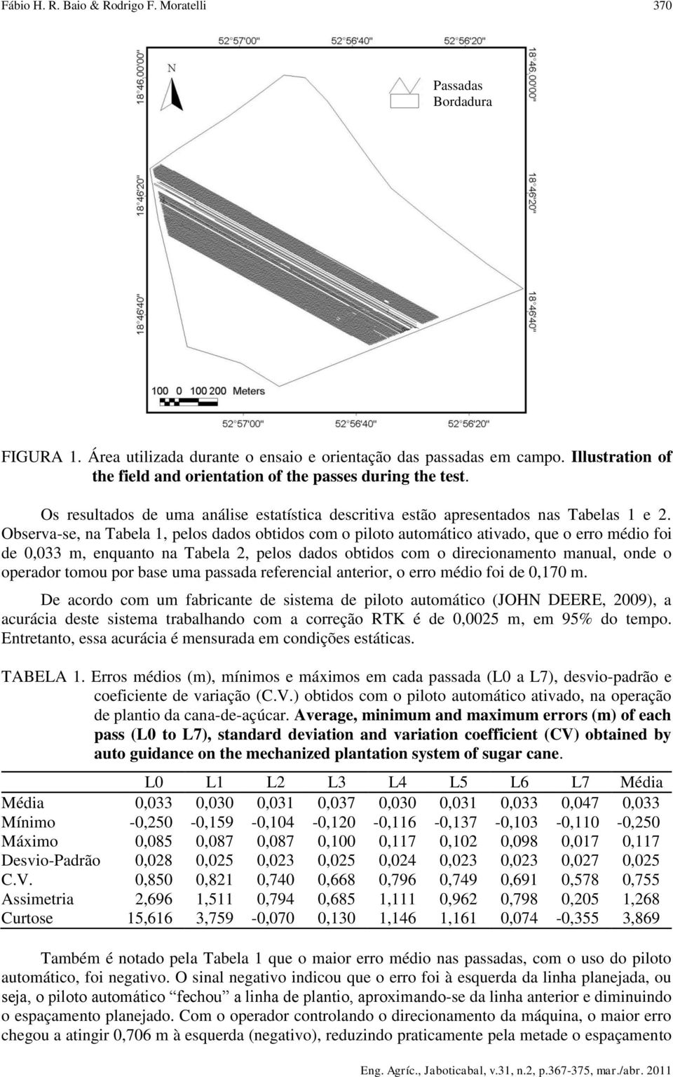 Observa-se, na Tabela 1, pelos dados obtidos com o piloto automático ativado, que o erro médio foi de 0,033 m, enquanto na Tabela 2, pelos dados obtidos com o direcionamento manual, onde o operador