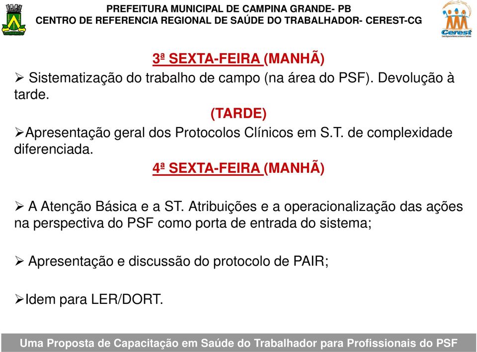 4ª SEXTA-FEIRA (MANHÃ) A Atenção Básica e a ST.