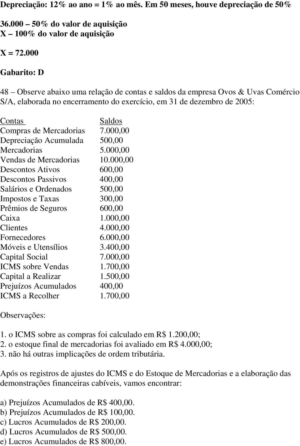 Mercadorias 7.000,00 Depreciação Acumulada 500,00 Mercadorias 5.000,00 Vendas de Mercadorias 10.