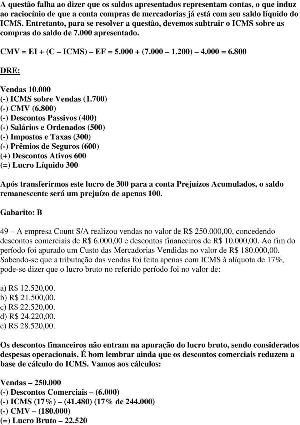 000 (-) ICMS sobre Vendas (1.700) (-) CMV (6.