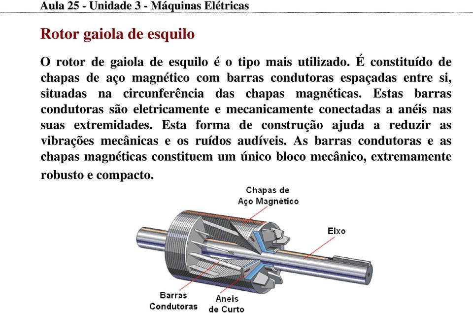 Estas barras condutoras são eletricamente e mecanicamente conectadas a anéis nas suas extremidades.