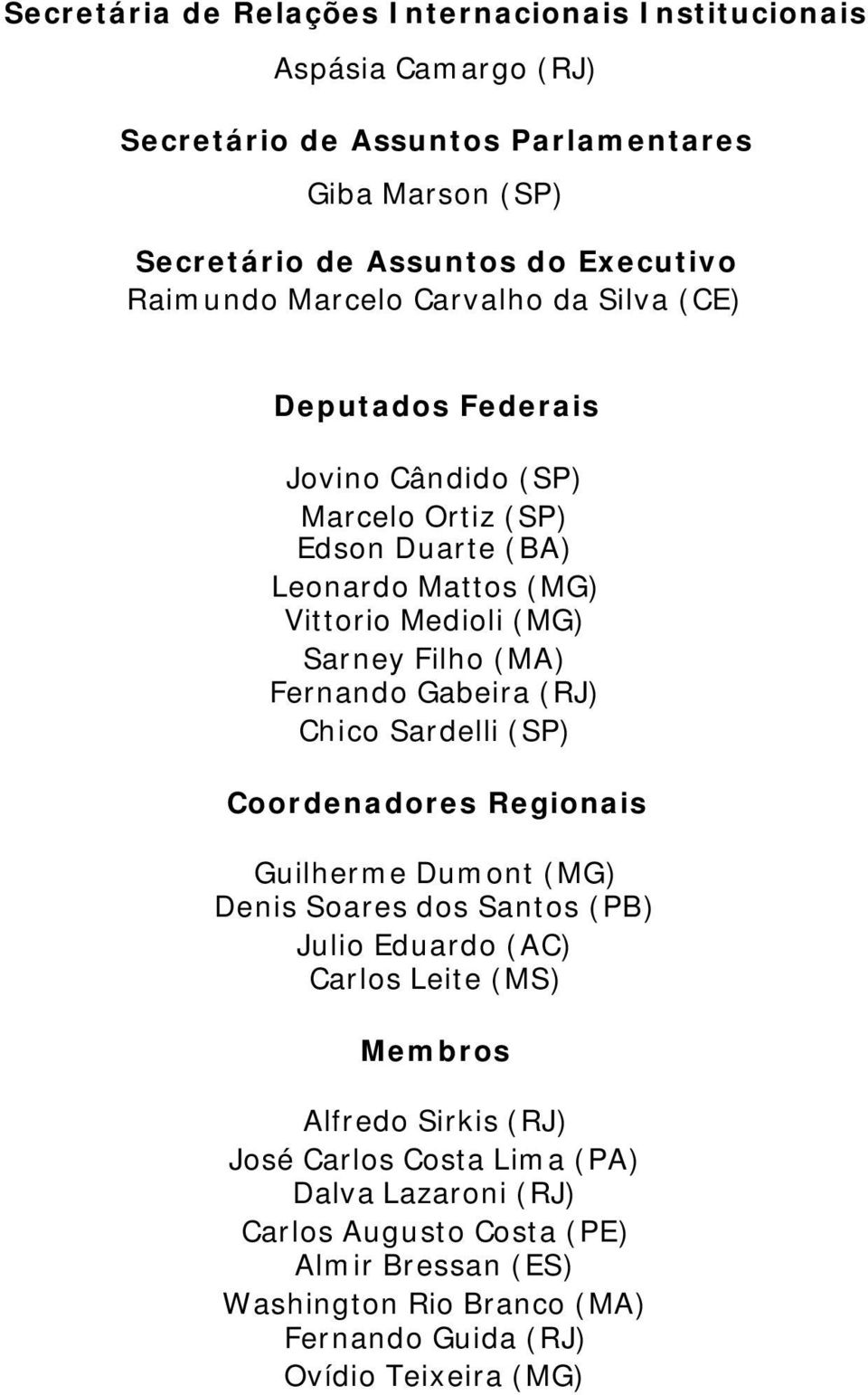 Filho (MA) Fernando Gabeira (RJ) Chico Sardelli (SP) Coordenadores Regionais Guilherme Dumont (MG) Denis Soares dos Santos (PB) Julio Eduardo (AC) Carlos Leite (MS)