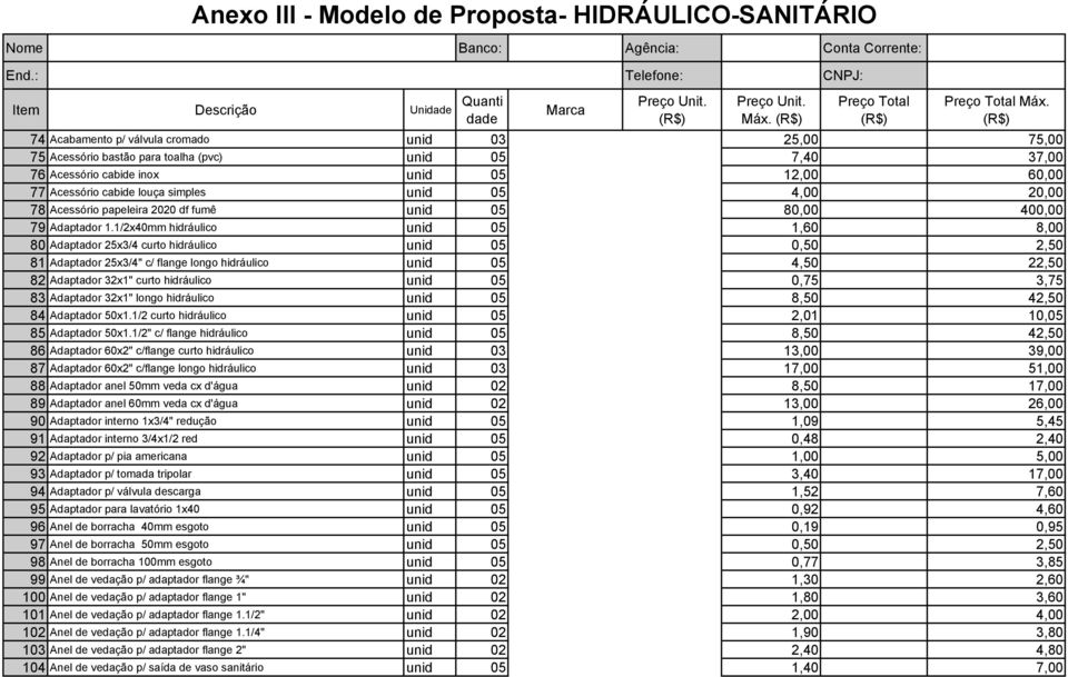 05 4,00 20,00 78 Acessório papeleira 2020 df fumê unid 05 80,00 400,00 79 Adaptador 1.