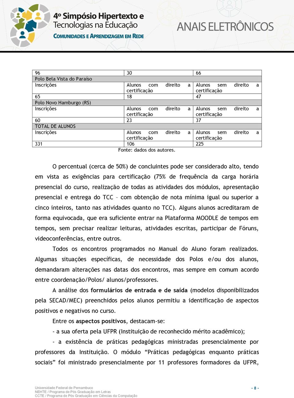 Alunos sem direito a Alunos sem direito a O percentual (cerca de 50%) de concluintes pode ser considerado alto, tendo em vista as exigências para (75% de frequência da carga horária presencial do