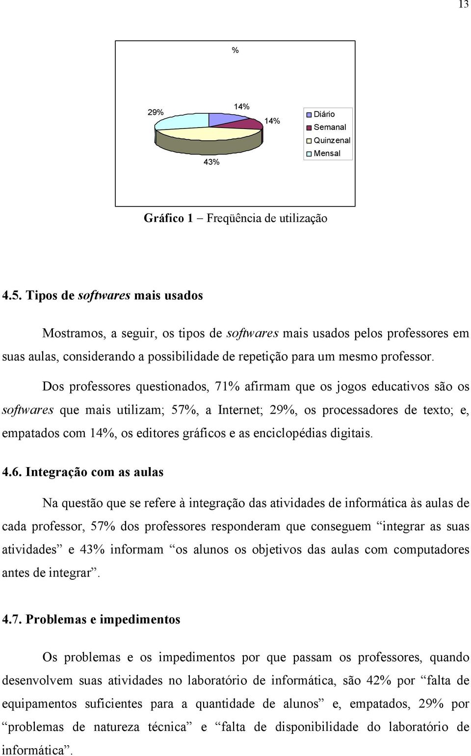 Dos professores questionados, 71% afirmam que os jogos educativos são os softwares que mais utilizam; 57%, a Internet; 29%, os processadores de texto; e, empatados com 14%, os editores gráficos e as