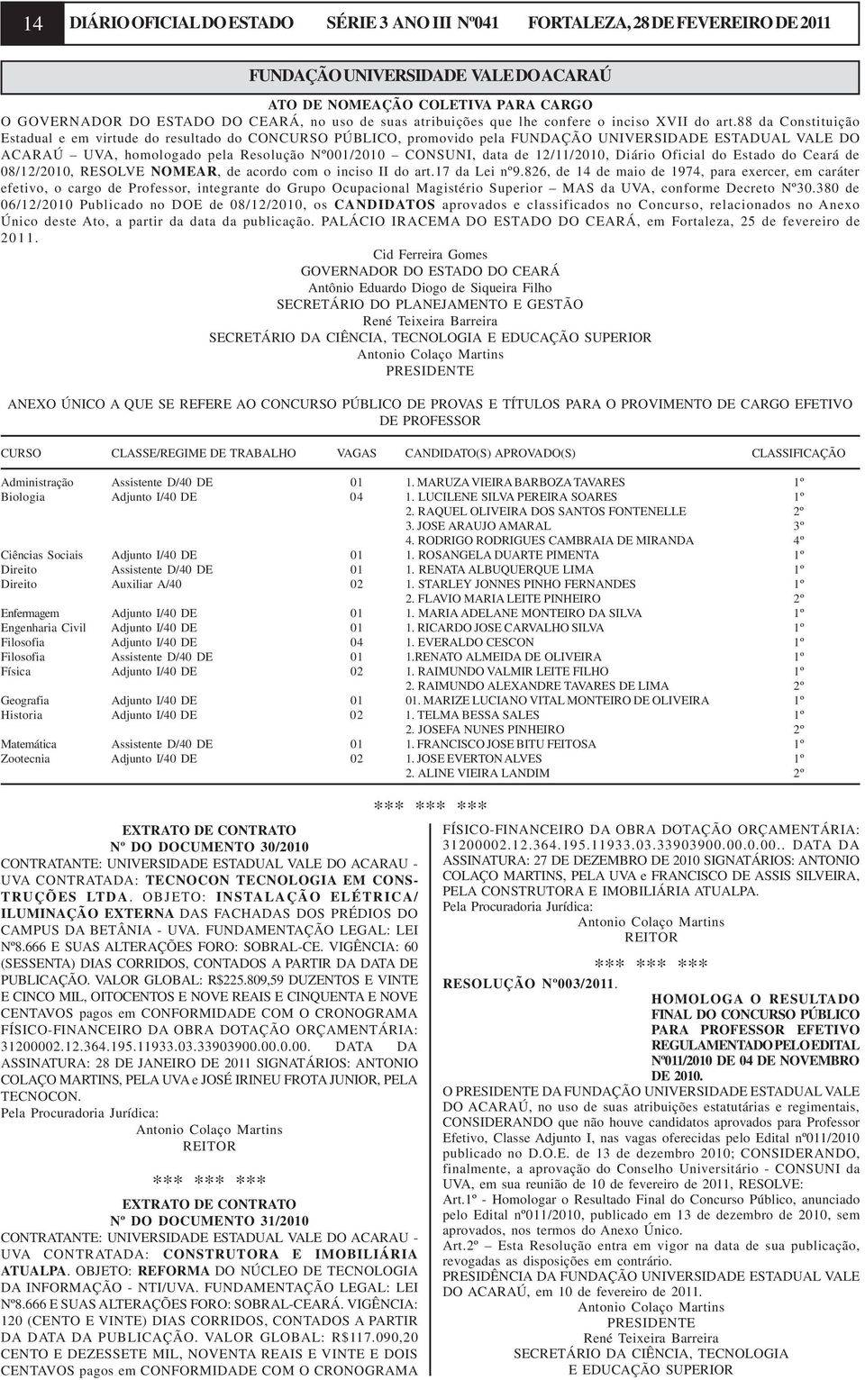 88 da Constituição Estadual e em virtude do resultado do CONCURSO PÚBLICO, promovido pela FUNDAÇÃO UNIVERSIDADE ESTADUAL VALE DO ACARAÚ UVA, homologado pela Resolução Nº001/2010 CONSUNI, data de