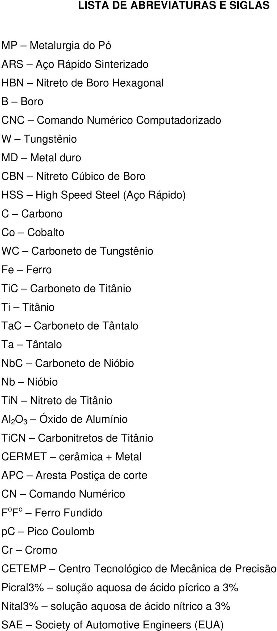 Nióbio Nb Nióbio TiN Nitreto de Titânio Al 2 O 3 Óxido de Alumínio TiCN Carbonitretos de Titânio CERMET cerâmica + Metal APC Aresta Postiça de corte CN Comando Numérico F o F o Ferro Fundido pc