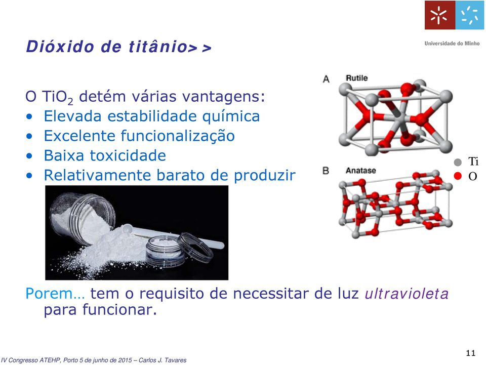 Baixa toxicidade Relativamente barato de produzir Ti O