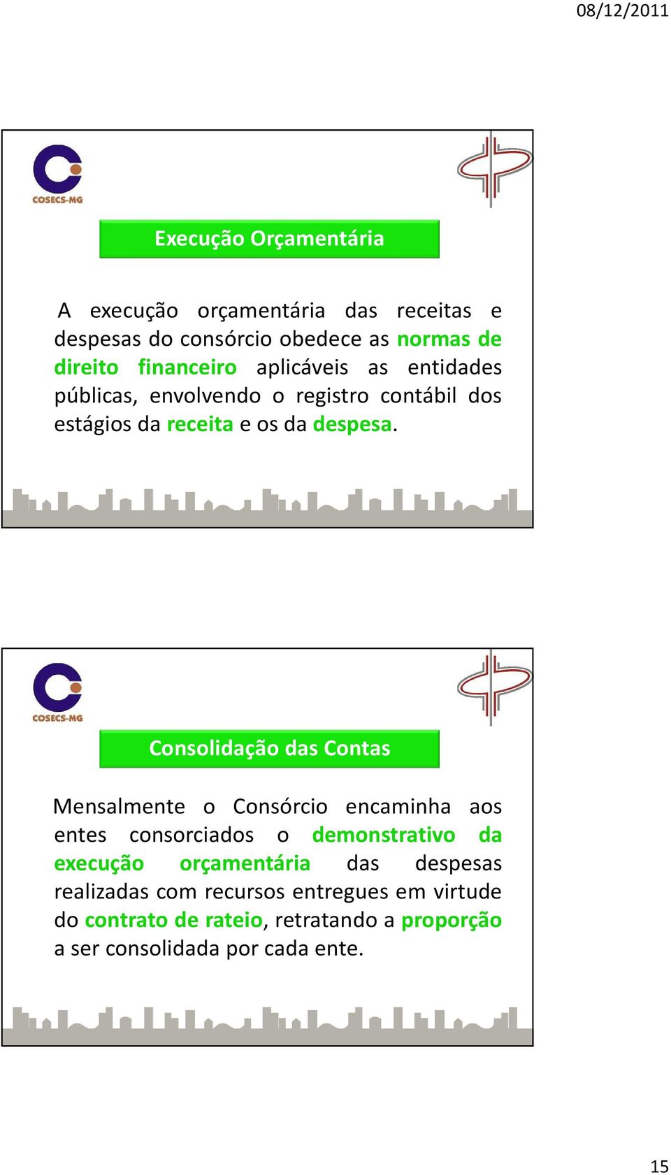 Consolidação das Contas Mensalmente o Consórcio encaminha aos entes consorciados o demonstrativo da execução