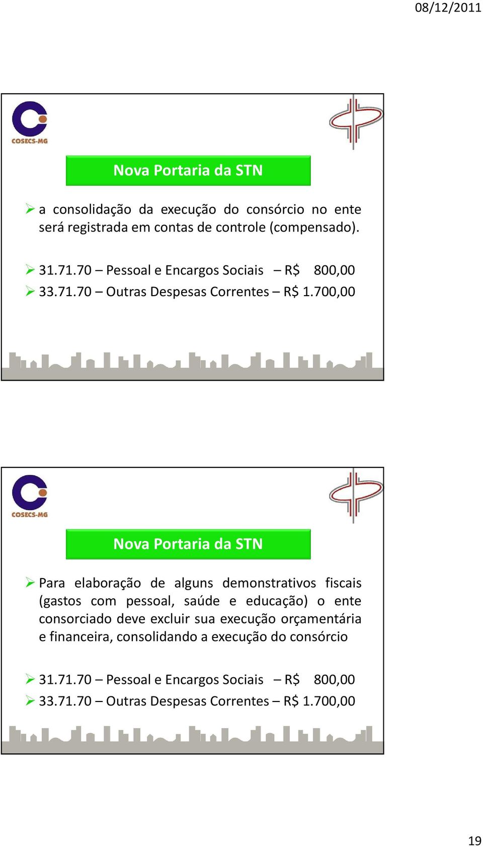 700,00 Nova Portaria da STN Para elaboração de alguns demonstrativos fiscais (gastos com pessoal, saúde e educação) o ente