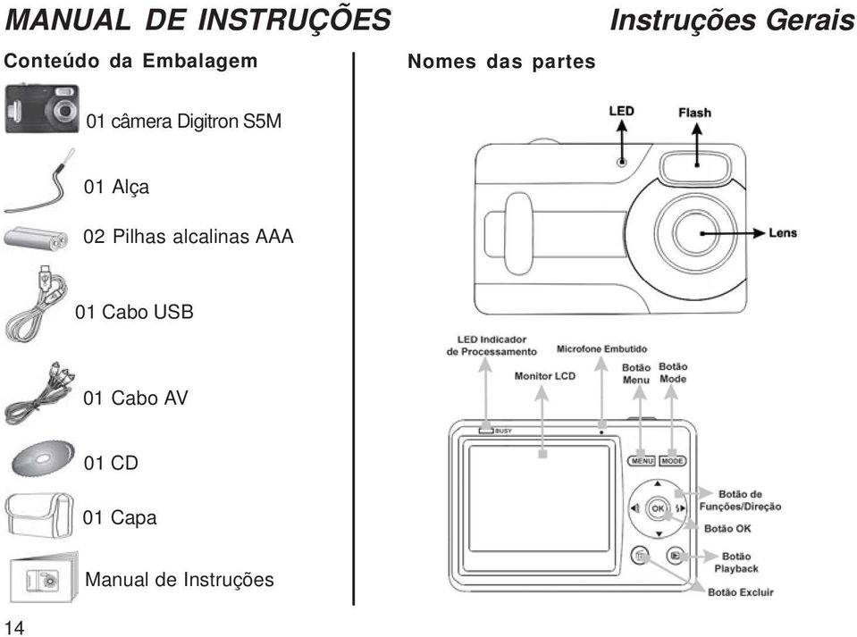 S5M 01 Alça 02 Pilhas alcalinas AAA 01 Cabo USB