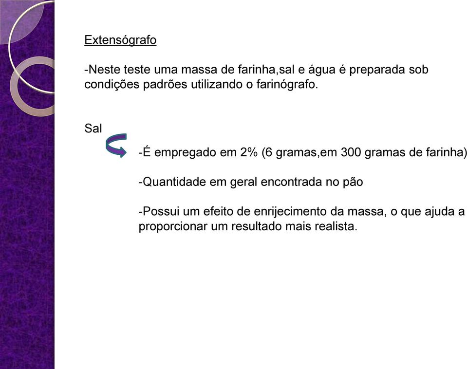 Sal -É empregado em 2% (6 gramas,em 300 gramas de farinha) -Quantidade em