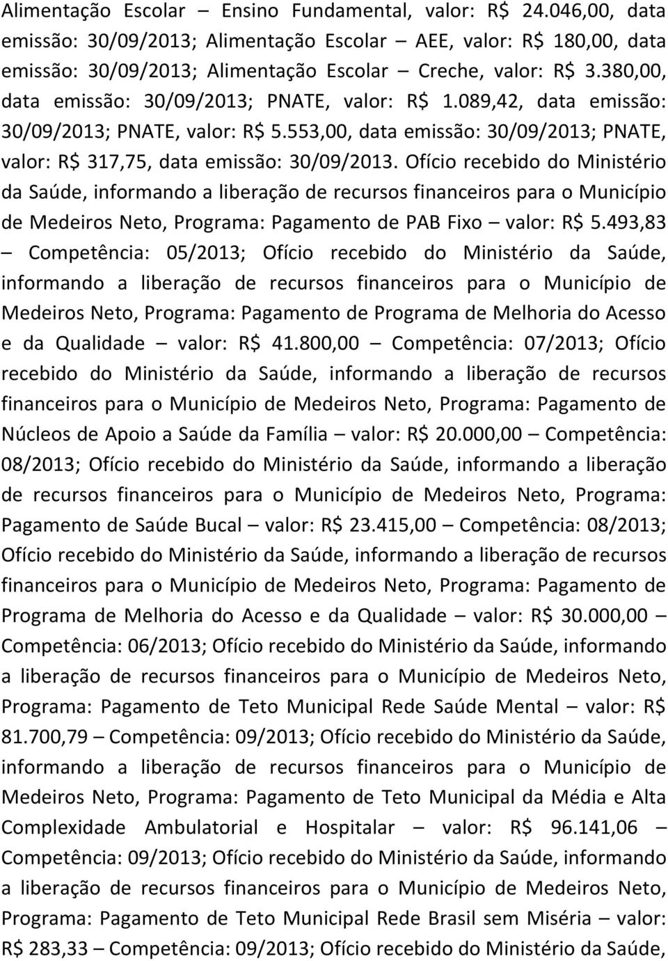 Ofício recebido do Ministério da Saúde, informando a liberação de recursos financeiros para o Município de Medeiros Neto, Programa: Pagamento de PAB Fixo valor: R$ 5.