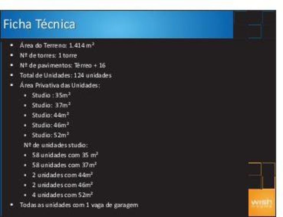 Privativa das Unidades: Studio : 35m² Studio: 37m² Studio: 44m² Studio: 46m² Studio: 52m² Nº de