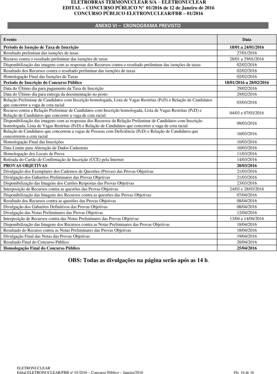 preliminar das isenções de taxas 02/02/2016 Homologação Final das Isenções de Taxas 02/02/2016 Período de Inscrição do Concurso Público 18/01/2016 a 28/02/2016 Data do Último dia para pagamento da