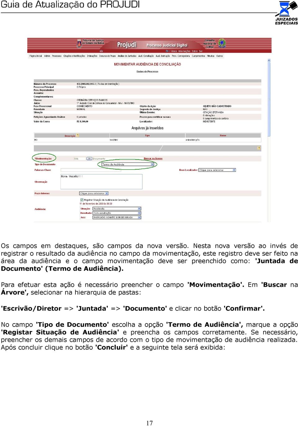 de Documento' (Termo de Audiência). Para efetuar esta ação é necessário preencher o campo 'Movimentação'.