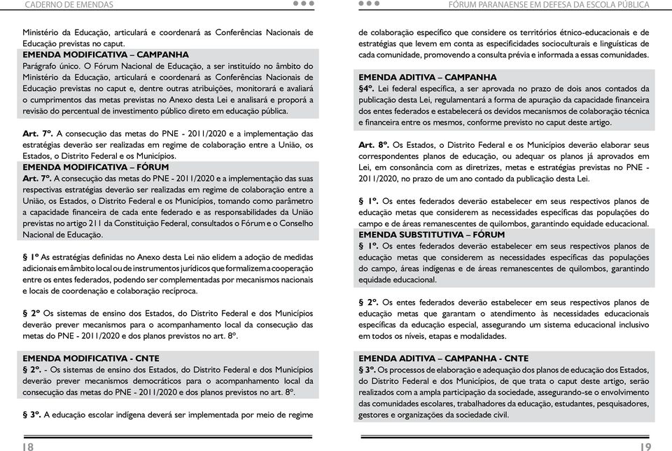 monitorará e avaliará o cumprimentos das metas previstas no Anexo desta Lei e analisará e proporá a revisão do percentual de investimento público direto em educação pública. Art. 7º.