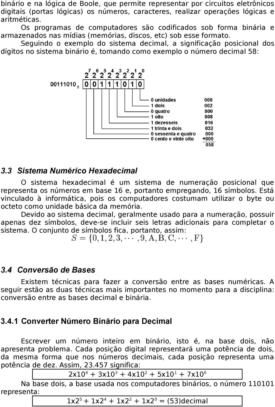 Seguindo o exemplo do sistema decimal, a significação posicional dos dígitos no sistema binário é, tomando como exemplo o número decimal 58: 3.