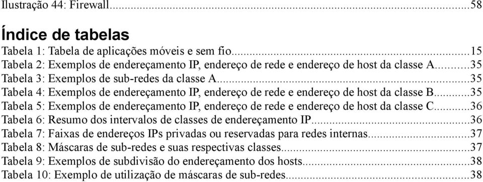 ..35 Tabela 5: Exemplos de endereçamento IP, endereço de rede e endereço de host da classe C...36 Tabela 6: Resumo dos intervalos de classes de endereçamento IP.