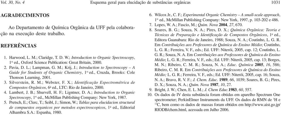 ; Introduction to Spectroscopy A Guide for Students of Organic Chemistry, 1 st ed., Cruzda, Brooks: Cole Thonson Learning, 2001. 3. Silverstein, R. M.; Webster, F. X.