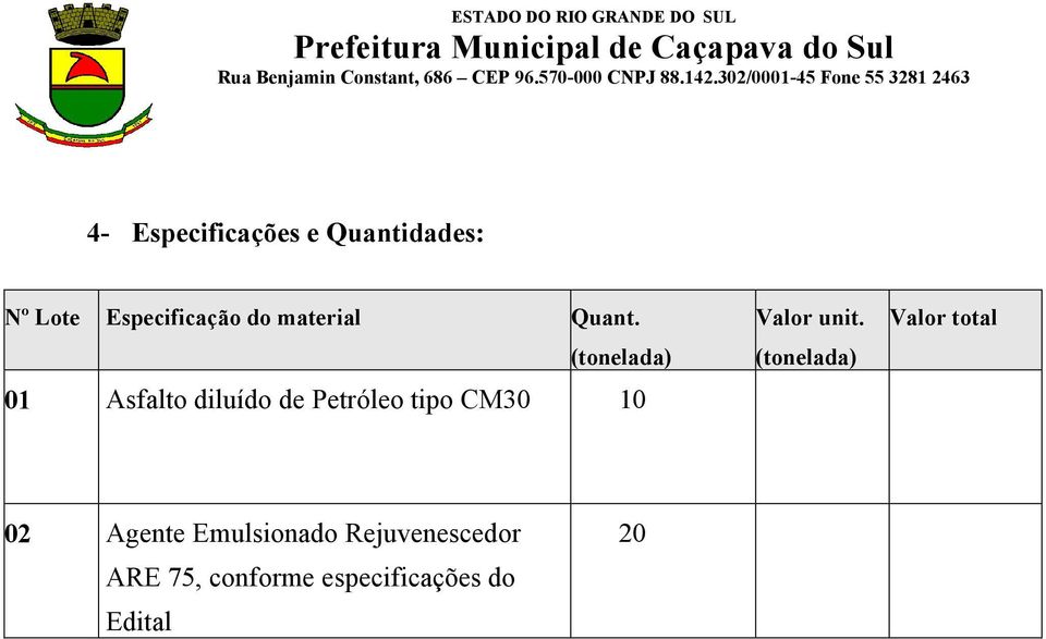 (tonelada) 01 Asfalto diluído de Petróleo tipo CM30 10 Valor