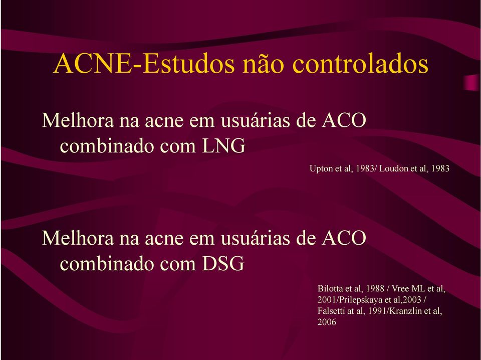 acne em usuárias de ACO combinado com DSG Bilotta et al, 1988 / Vree