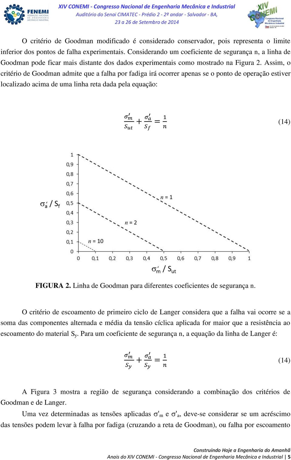 Assim, o critério de Goodman admite que a falha por fadiga irá ocorrer apenas se o ponto de operação estiver localizado acima de uma linha reta dada pela equação: (14) FIGURA 2.