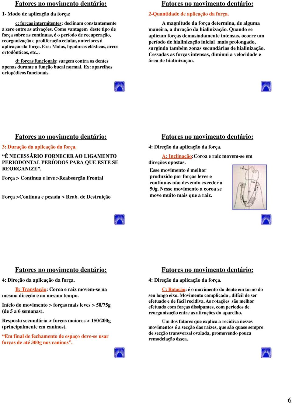 Exs: Molas, ligaduras elásticas, arcos ortodônticos, etc... d: forças funcionais: surgem contra os dentes apenas durante a função bucal normal. Ex: aparelhos ortopédicos funcionais.