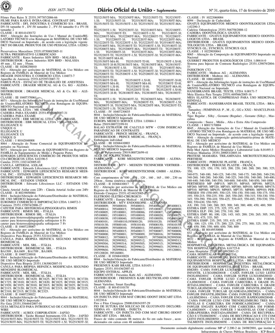 DICO Nacional ou Importado, de acordo com a legislação vigente DKT DO BRASIL PRODUTOS DE USO PESSOAL LTDA 102082-5 Preservativos Masculinos 25351075080/2005-11 SUTRA PRESERVATIVO LUBRIFICADO