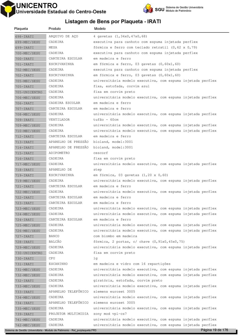 injetada perflex 702-IRATI ESCRIVANINHA em fórmica e ferro, 03 gavetas (0,60x1,60) 705-MEC/SESU universitária modelo executiva, com espuma injetada perflex 705-IRATI fixa, estofada, corvim azul