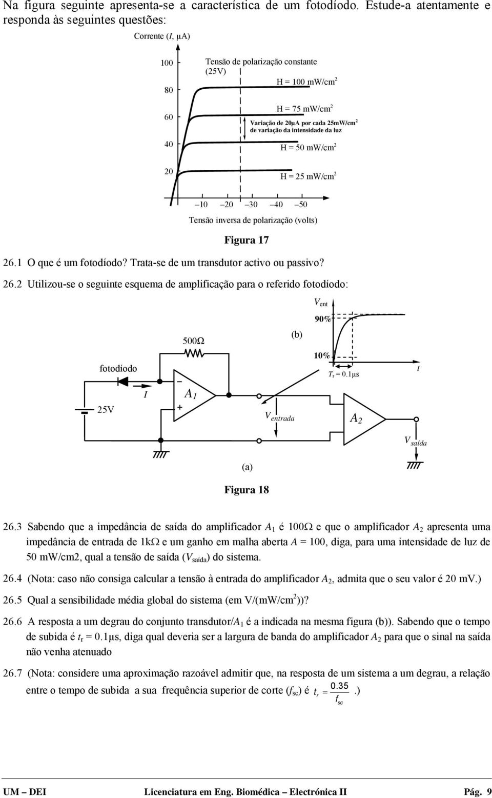 variação da intensidade da luz H = 50 mw/cm 2 H = 25 mw/cm 2 10 20 30 40 50 Tensão inversa de polarização (volts) Figura 17 26.