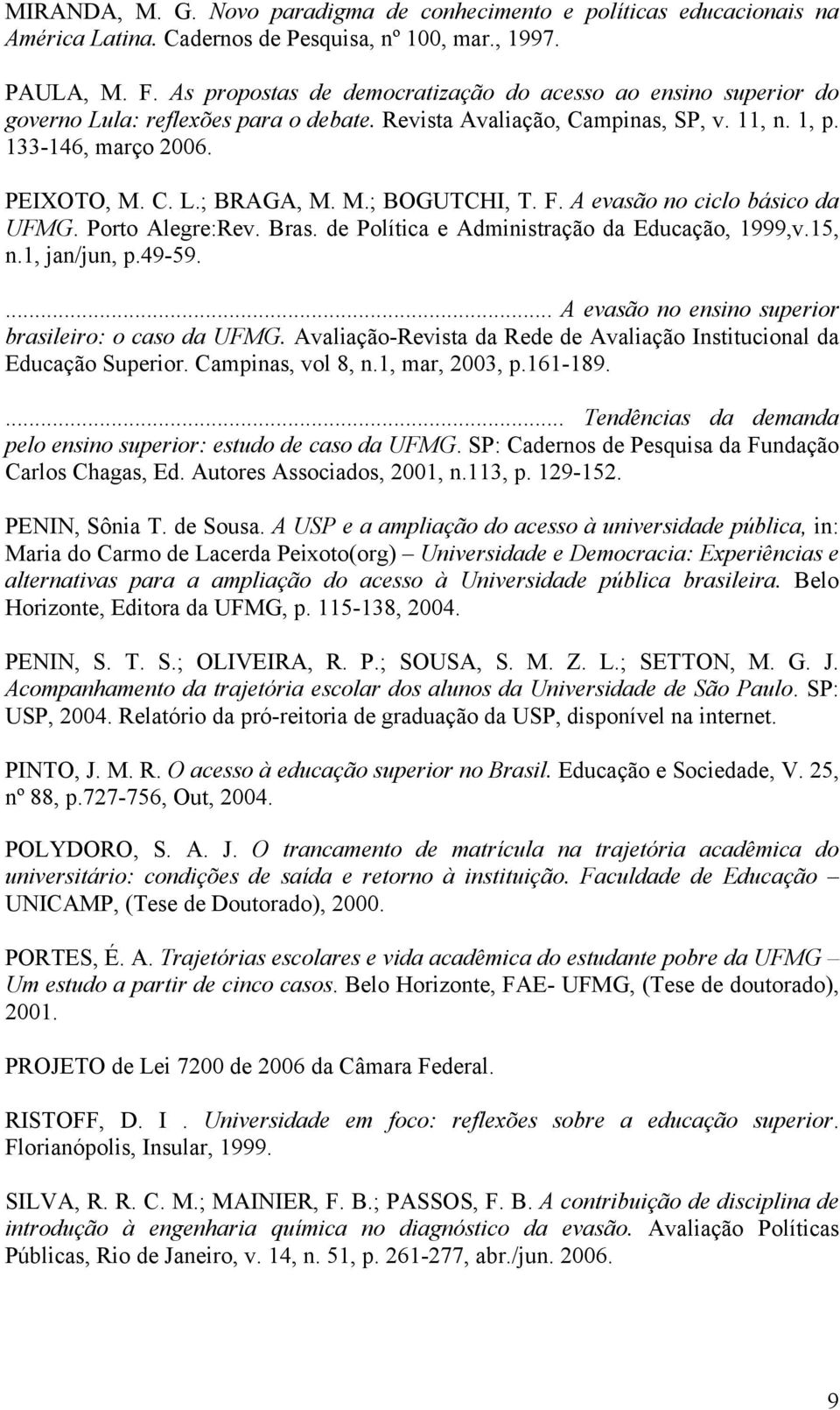 M.; BOGUTCHI, T. F. A evasão no ciclo básico da UFMG. Porto Alegre:Rev. Bras. de Política e Administração da Educação, 1999,v.15, n.1, jan/jun, p.49-59.