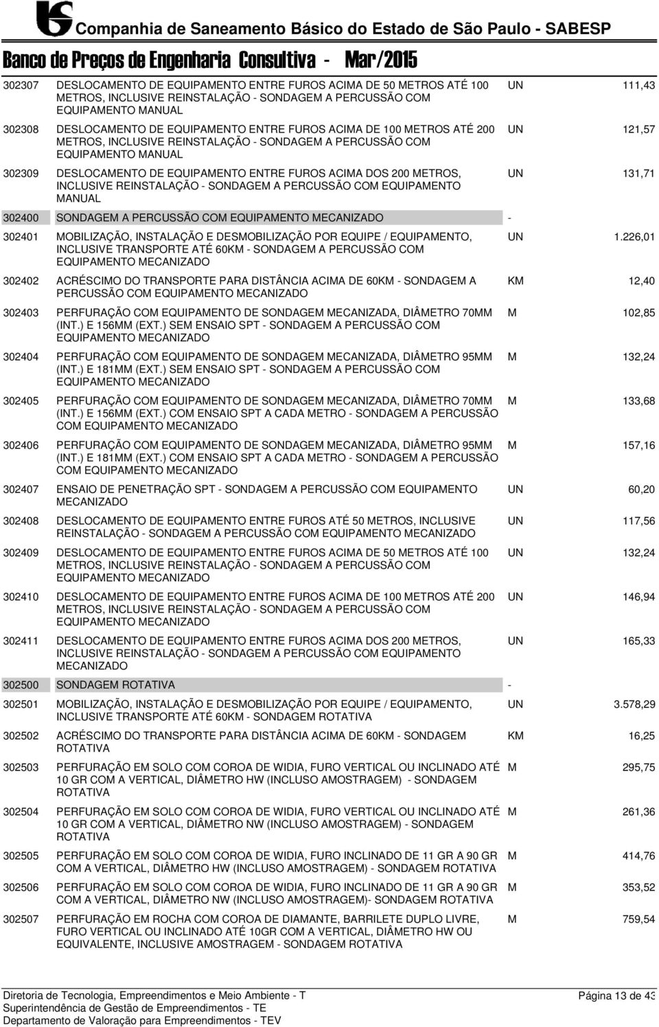 REINSTALAÇÃO - SONDAGEM A PERCUSSÃO COM EQUIPAMENTO MANUAL DESLOCAMENTO DE EQUIPAMENTO ENTRE FUROS ACIMA DOS 200 METROS, INCLUSIVE REINSTALAÇÃO - SONDAGEM A PERCUSSÃO COM EQUIPAMENTO MANUAL SONDAGEM