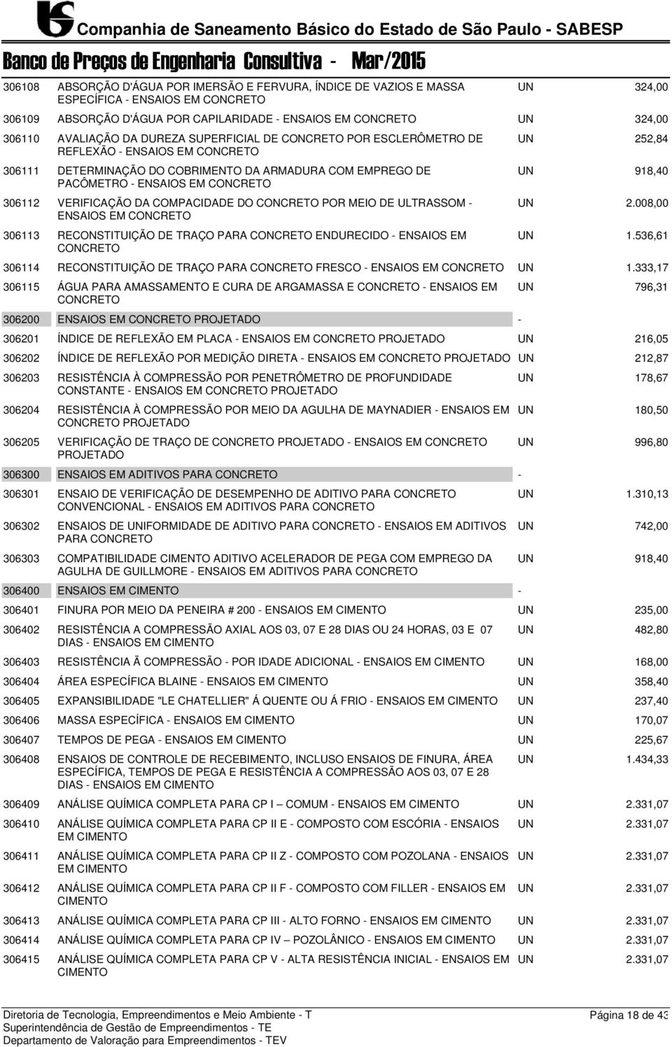 CONCRETO UN 324,00 AVALIAÇÃO DA DUREZA SUPERFICIAL DE CONCRETO POR ESCLERÔMETRO DE REFLEXÃO - ENSAIOS EM CONCRETO DETERMINAÇÃO DO COBRIMENTO DA ARMADURA COM EMPREGO DE PACÔMETRO - ENSAIOS EM CONCRETO