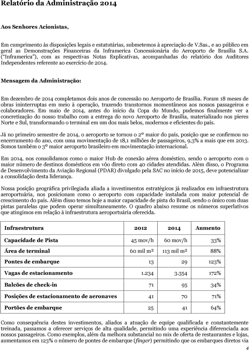 roporto de Brasília S.A. ( Inframerica ), com as respectivas Notas Explicativas, acompanhadas do relatório dos Auditores Independentes referente ao exercício de 2014.